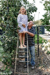 Granddaughter standing on ladder by grandfather in backyard - OGF01030