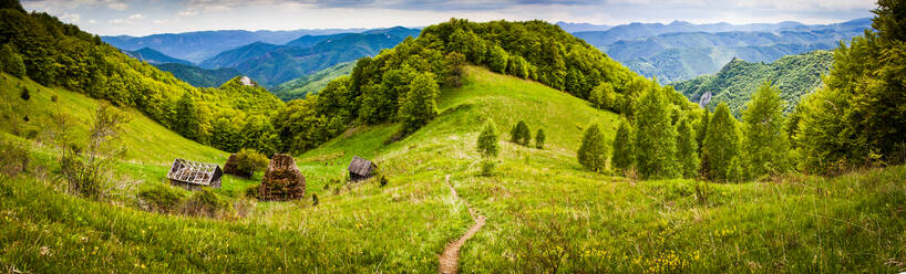 Ländliche Landschaft mit traditionellen Reetdach-Holzhäusern in Dumesti, Apuseni-Gebirge, Rumänien, Europa - RHPLF19436