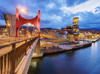 La Salve Bridge and The Guggenheim Museum at dusk, Bilbao, Biscay, Basque Country, Spain, Europe - RHPLF19561