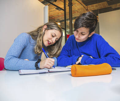 Schüler mit Marker, der Informationen für einen Mitschüler erklärt, während er gemeinsam an einer Hausaufgabe an der Tafel arbeitet - ADSF22559