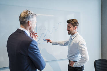 Smiling businessman explaining graph on whiteboard to male colleague in office - DIGF15257