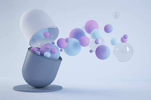 Three dimensional render of various bubbles floating out of opened capsule - JPSF00133