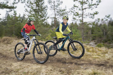 Brüder fahren Fahrrad auf unbefestigtem Weg im Wald - RNF01338
