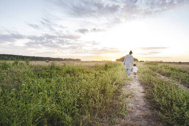 Mutter zu Fuß mit Baby Sohn entlang Landschaft Feldweg bei Sonnenuntergang - FLMF00384