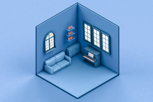 Isometrische Ansicht eines blauen Zimmers mit Sofa und Klavier - GCAF00123