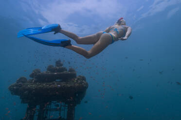 Junge Frau taucht in der Nähe eines Unterwassertempels in der Javasee - TOVF00247