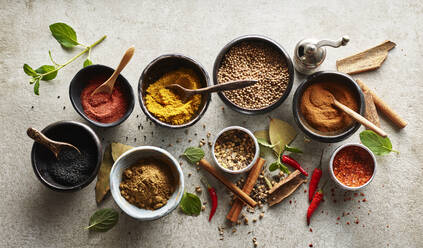 Studio shot of bowls with various Asian spices - KSWF02217