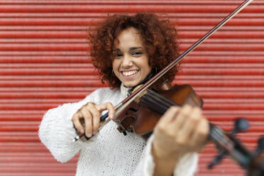Glückliche, schöne, professionelle Musikerin im weißen Pullover, die akustische Geige spielt und mit einem breiten Grinsen in die Kamera schaut, vor einer roten Wand - ADSF23020