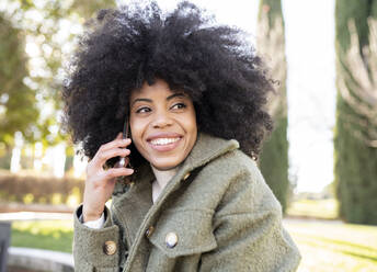 Niedriger Winkel der charismatischen jungen afroamerikanischen Millennials mit lockigem Haar, die lachen und wegschauen, während sie ihr Smartphone im Park an einem sonnigen Tag benutzen - ADSF23030