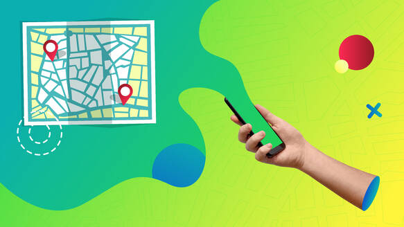 Konzeptuelle zeitgenössische Kunstcollage: Abstrakte Darstellung einer Karten-App, die von einem Smartphone kommt. - ADSF23056