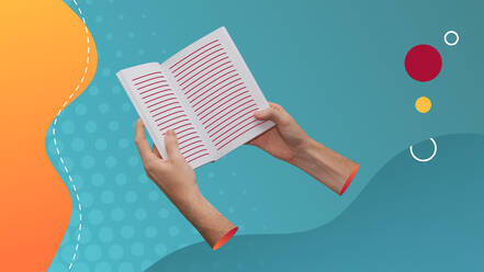 Konzeptuelle zeitgenössische Kunstcollage. Lesekonzept. Zwei Hände halten ein Buch mit Linien, die den Text darstellen. - ADSF23069