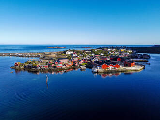 Norway, Nordland, Reine, Aerial view of fishing village on Moskenesoya island - RUNF04280