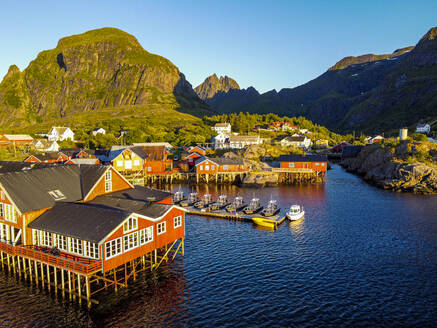 Norway, Nordland, A, Aerial view of fishing village on Moskenesoya island - RUNF04281