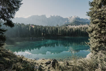 Karersee inmitten von Nadelbäumen an einem sonnigen Tag in Südtirol, Italien - MJRF00376