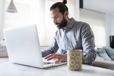 Male entrepreneur working on laptop at home - JCCMF01951