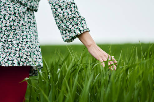 Woman's hand touching grass at meadow - KIJF03754