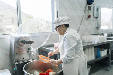 Weiblicher Käseexperte beim Einsatz eines Siebs in einer Fabrik - DGOF02112