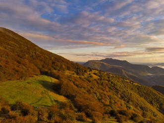 Aerial view of pian delle Macinare plateau at autumn dawn, Umbria, Italy - LOMF01290