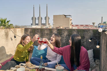 Female friends laughing while toasting wine glass on rooftop - VEGF04256