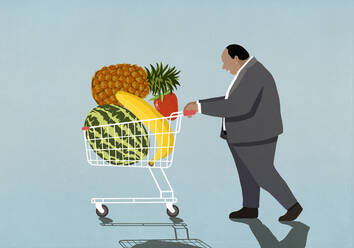 Übergewichtiger Geschäftsmann mit frischem Obst im Einkaufswagen - FSIF05662