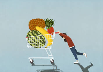 Mädchen schiebt einen Einkaufswagen voller frischer Früchte - FSIF05665