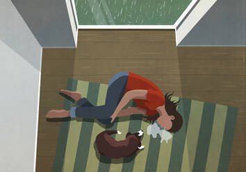 Hund liegt neben einer depressiven Frau, die auf dem Boden weint - FSIF05670