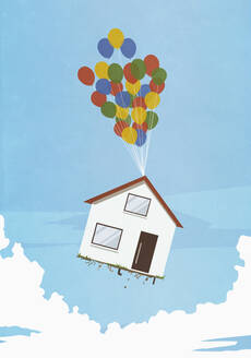Heliumballons heben Haus in den Himmel - FSIF05681