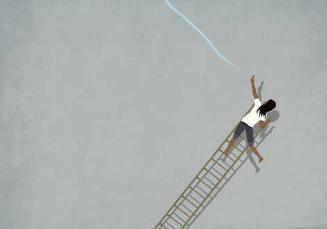 Frau versucht, blaue Linie auf umstürzende Leiter zu malen - FSIF05683