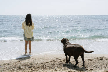 Labrador dog looking at woman standing at beach during weekend - AFVF08684