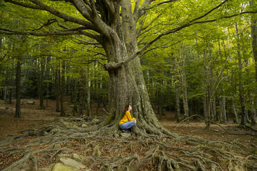 Young woman crouching by tree in forest - AFVF08689