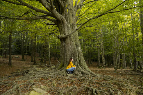 Junge Frau kauert an einem Baum im Wald - AFVF08689