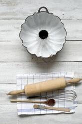 Baking utensils against rustic wooden background - ASF06749