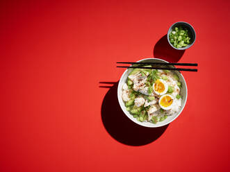 Studio shot of bowl of congee with chicken breasts, boiled egg, avocado and scallions - KSWF02238