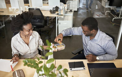 Male and female coworkers sharing sandwiches during lunch break at coworking office - ZEDF04169