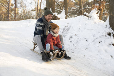 Playful father and son sledding on snow during winter - FVDF00040