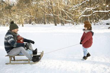 Son pulling father and younger brother sitting on sled during winter - FVDF00068