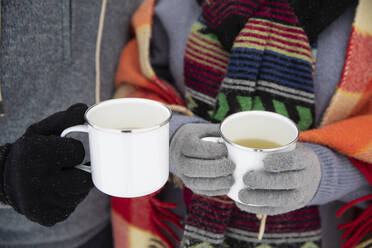 Couple holding mugs with tea during winter - FVDF00098