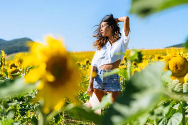 Sinnliche ethnische Frau steht in einem blühenden Sonnenblumenfeld und schaut in die Kamera - ADSF23542