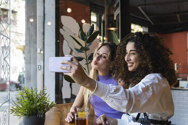 Cheerful young female friends taking selfie while sitting by table at restaurant - PNAF01522