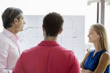Männliche und weibliche Geschäftsleute diskutieren im Büro über einen Plan - BMOF00570