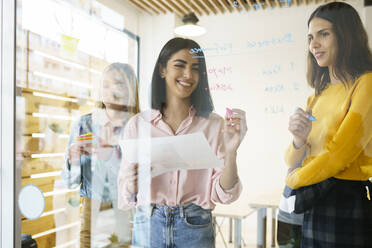 Smiling female professionals writing on glass wall at office - JSMF02155