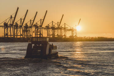 Germany, Hamburg, Harbor ferry on Elbe river at sunset - KEBF01924