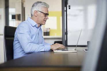 Älterer Unternehmer arbeitet an einem Laptop im Büro - RBF08075