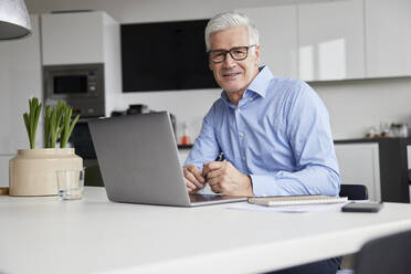 Smiling businessman with laptop sitting at desk in office - RBF08086