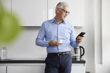 Male entrepreneur with cup and saucer using mobile phone in cafeteria - RBF08094