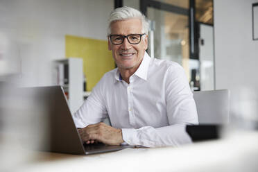 Älterer Unternehmer mit Laptop lächelnd im Büro - RBF08156