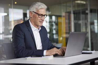 Älterer Unternehmer arbeitet an einem Laptop im Büro - RBF08181
