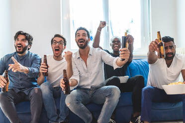 Male friends having beer and watching sport on tv, cheering - ISF24583