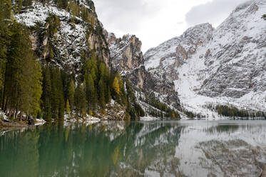 Picturesque scenery of Lago di Braies lake surrounded by evergreen woods and mountains covered with snow - ADSF23947