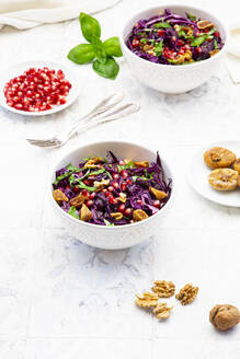 Zwei Schalen veganer Salat mit Rotkohl, Granatapfelkernen, getrockneten Feigen, Walnüssen und Basilikum - LVF09161